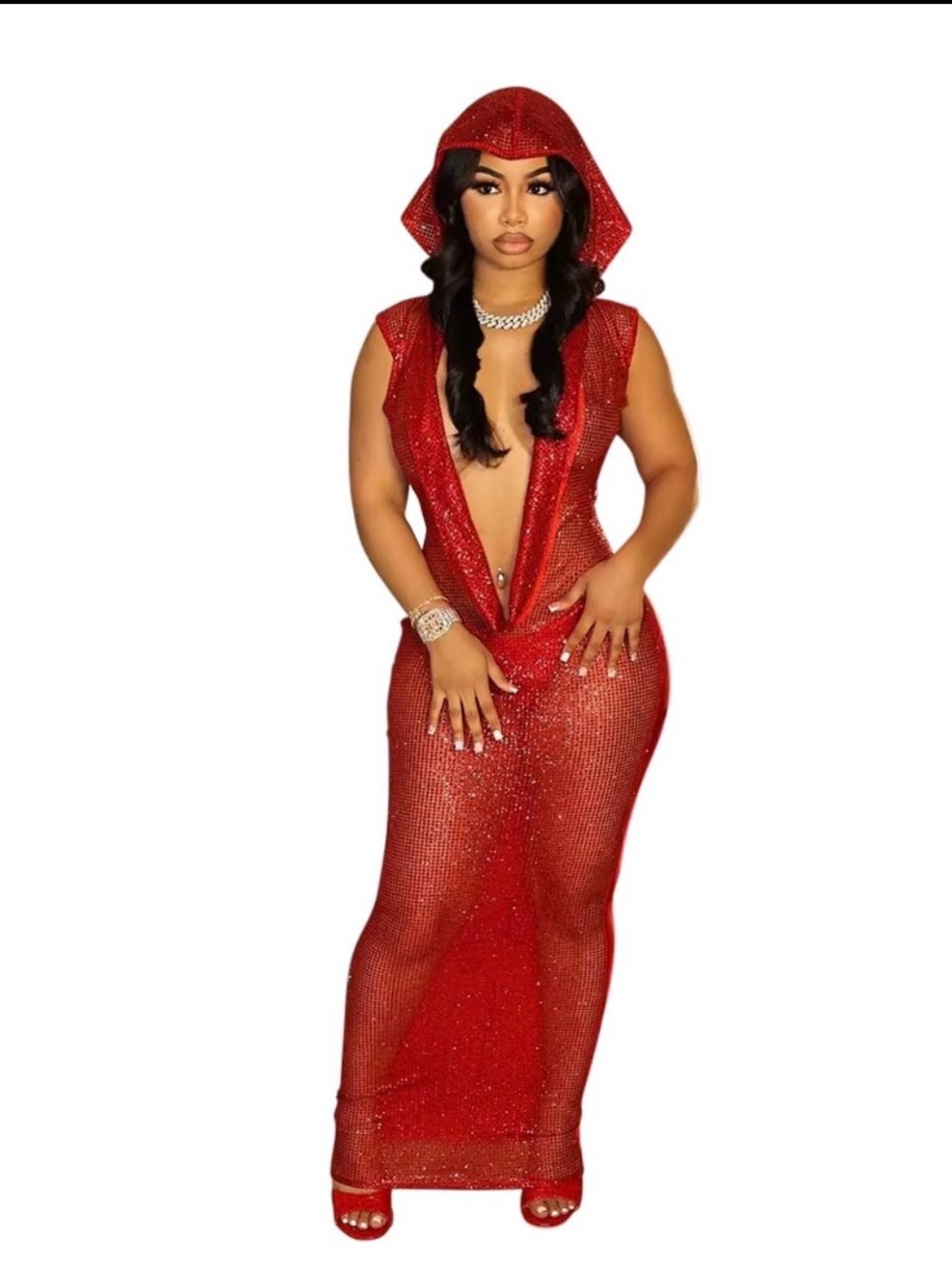 Red Hooded Plunge Sequin Evening Dress